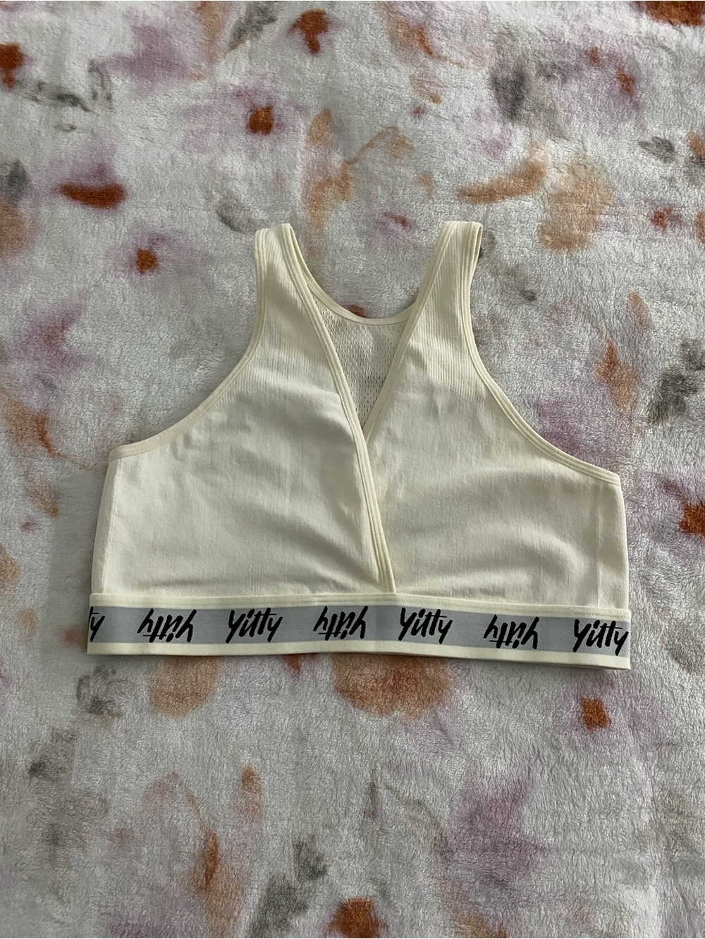 Yitty Cream Mesh Racerback cross Sports Bra with Yitty logo on waist band